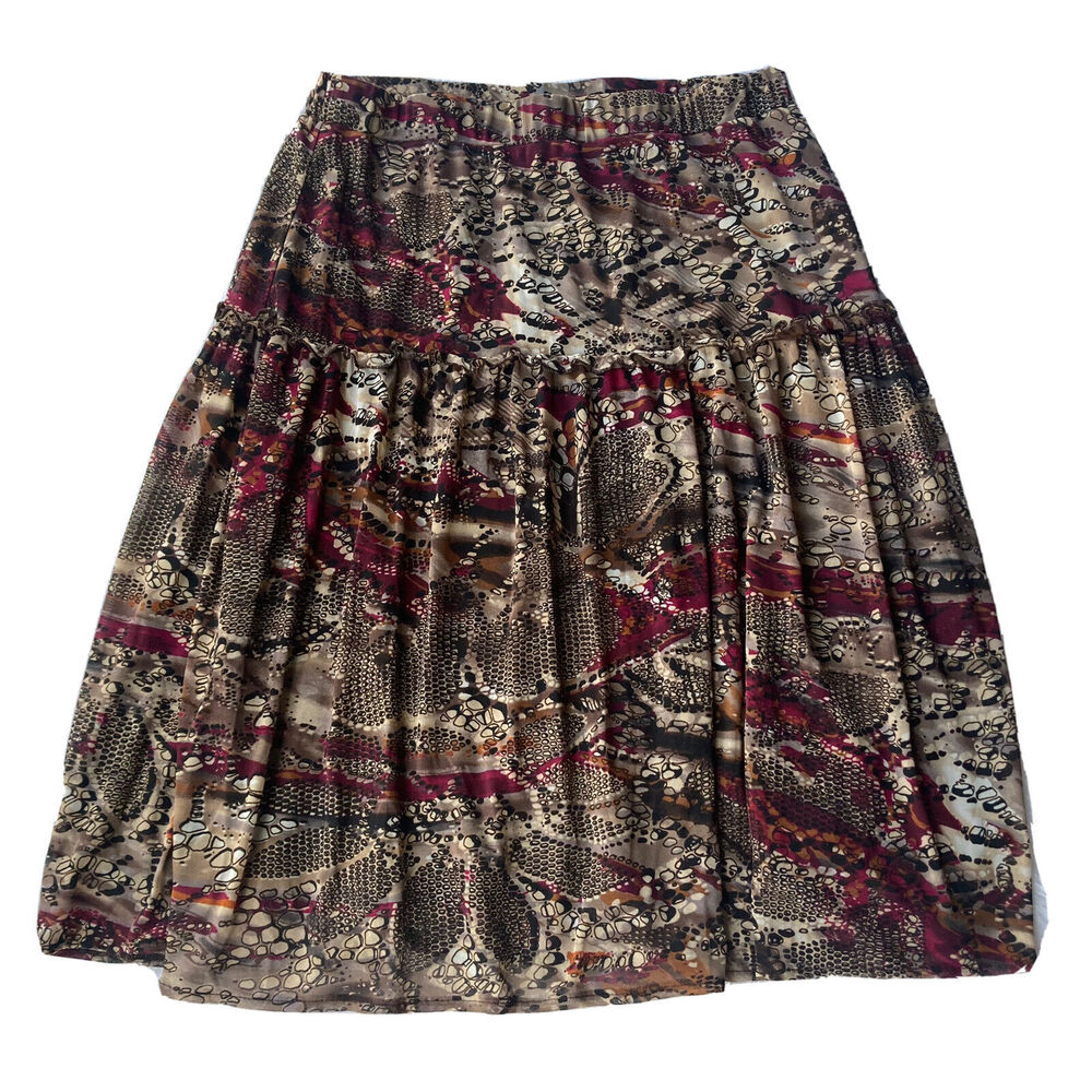 Requirements Sz L Skirt Red Brown Animal Print Elastic Waist Flowy Career Work